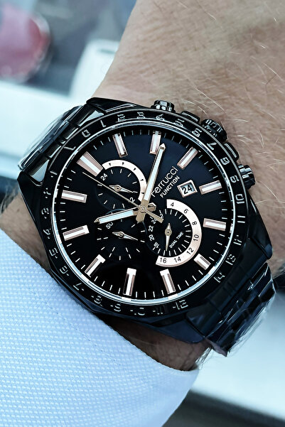 Ferrucci ساعة يد رجالية فونكشن 3 أتم مقاومة للماء باللون الأسود وسوار فولاذي ...