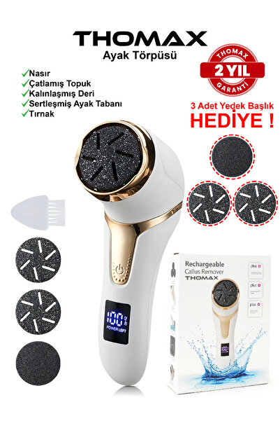 THOMAX Şarjlı Topuk Nasır Giderici 2 Kademeli 3 Başlıklı Yıkanabilir Ayak Tör...