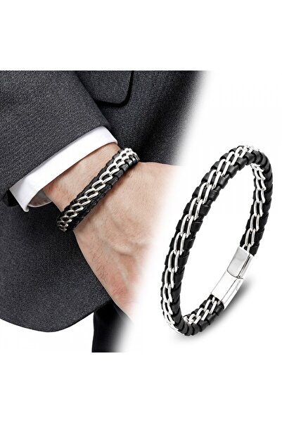 Caseras Casera's Men's Double Chain Steel & Leather Bracelet – Black Masculin...