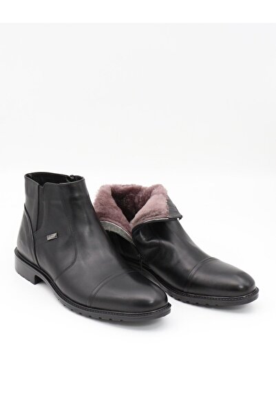 Fosco 3580-1 حذاء رجالي أسود من الجلد الطبيعي بنعل مطاطي من الفرو