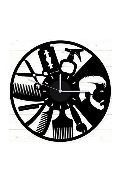 TahtaModa Dekoratif Duvar Saati Mat Siyah Ahşap Mdf 40x40cm Erkek Kuaför Berb...