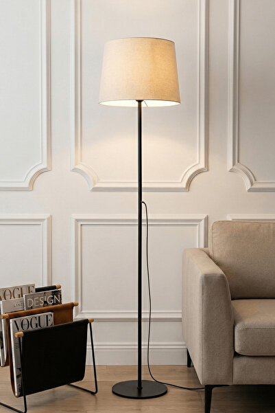 Marrien Cora Siyah Metal Ayaklı Lambader 145 cm Bej Kumaş Başlıklı Modern Salon Aydınlatma
