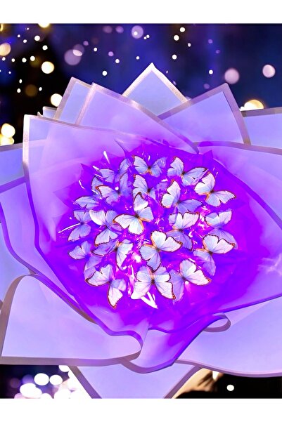 exzone Led Işıklı Lila Kelebek Buketi Lila Ambalajlı, Dekoratif Konsept Hediye Anneye, Sevgiliye,arkadaşa