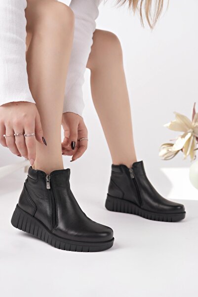 Mammamia D25KB 4060 Siyah Hakiki Deri Çift Fermuarlı Kadın Bot