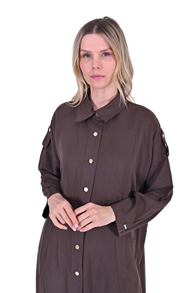 Invee Düğmeli Kadın Uzun Kap Kahve