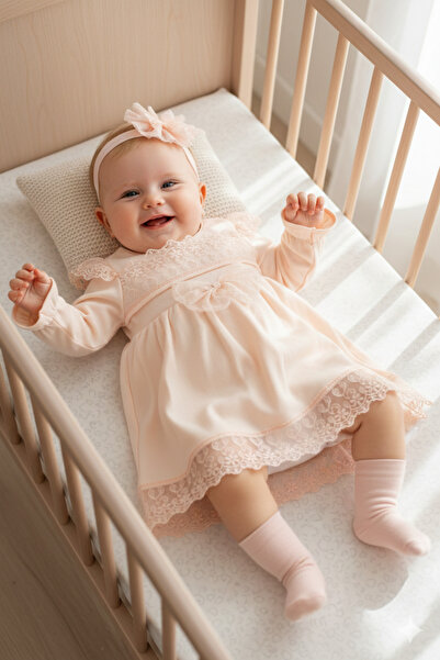 Miniday Baby Kız Bebek Mevlütlük Elbise Dantelli Bandanalı