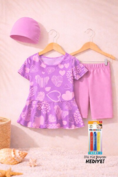 ZUZUNGA Σετ μαγιό με μοτίβο καρδιάς μωβ για κορίτσια