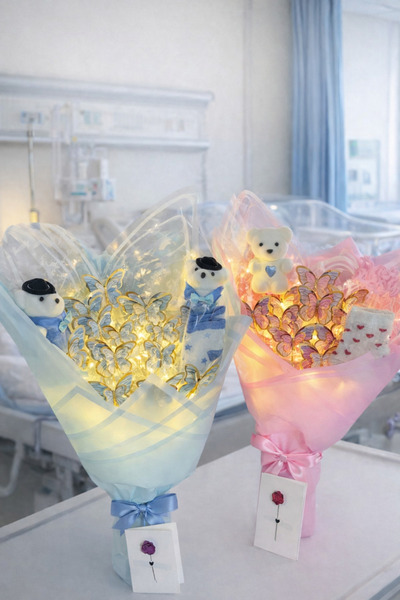 Melonİst LED’li Kanatlı Yenidoğan Buketi– Ayıcıklı, Çoraplı, Not kağıdı (mavi)