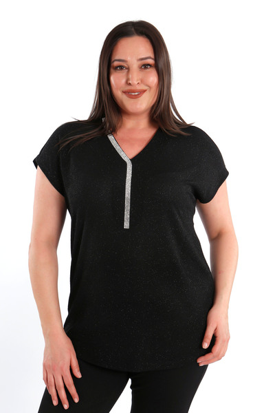 SERTUĞ Trend42Plus Plus Size Collar Stone Detailed Black Evening Blouse