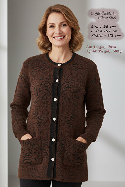 Laden Knitwear Angora Women's Plus Size Winter Thick Soft Mother Brown Cardigan