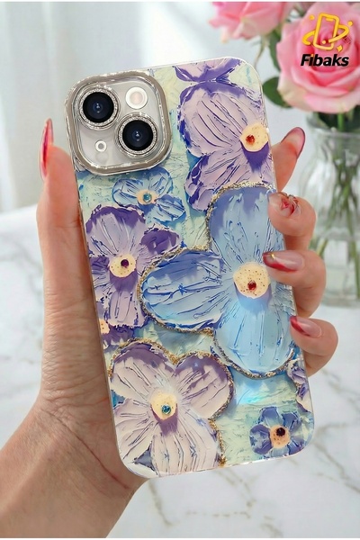 Fibaks iPhone 13 Case Color Changing Stone Camera Lens Protection Blue Flower Pattern Shock Absorbing Cover