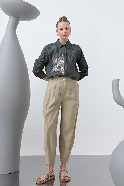 Puane Kadın Önü Korsaj Arkası Lastikli Şalvar Pantolon - 18235PNT - OLIVE