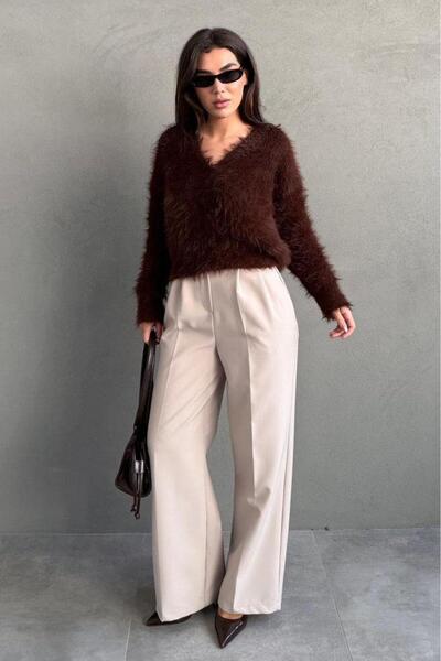 Seeh Beige Wide Leg Women's Fabric Trousers Sh341