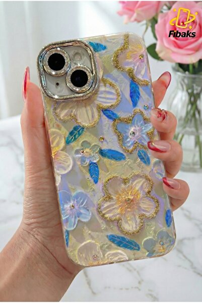 Fibaks iPhone 15 Kılıf Renk Geçişli Taşlı Kamera Lens Korumalı Simli Yeşil Çi...