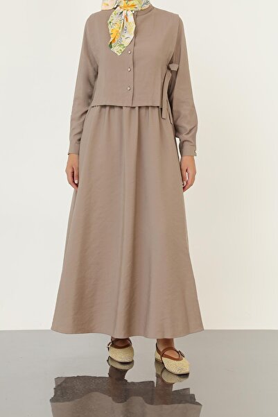 Loreen Rochie maxi cu mânecă lungă, cu nasturi, cu centură, pentru femei-20691ELB - MINK