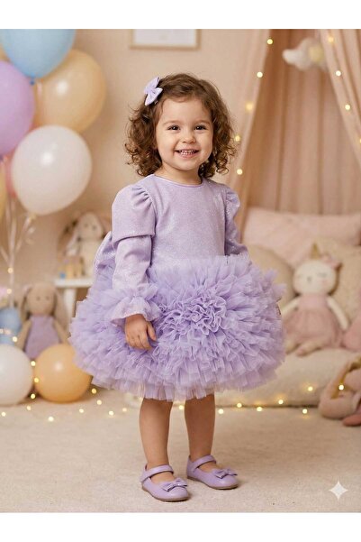 penu baby kids Lila Pırıltı Kumaş Tütü Etekli Fiyonklu Uzun Kollu Kız Çocuk K...