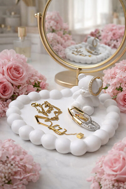 Homesinti Handmade Stone Organizer Decorative Plate and Teddy Bear White