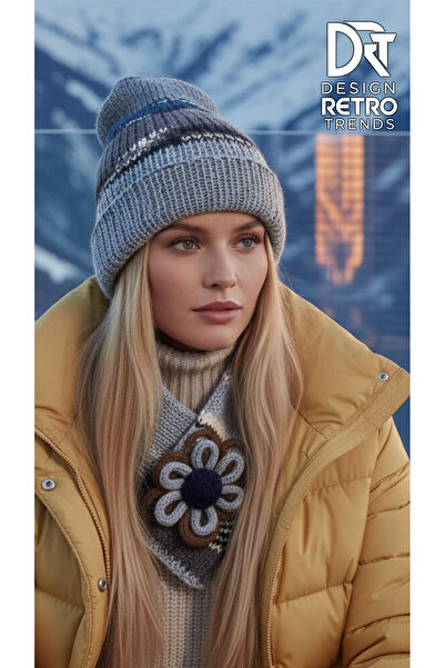 drt tasarım طقم بيريه وشاح أناتوليا بوهيمي أصيل بلون رمادي بني بتصميم الباتيك