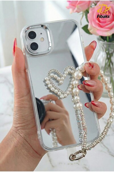 Fibaks Apple iPhone 11 Kılıf Aynalı İnci Charm Askılı Kalp Tasarımlı Desenli ...