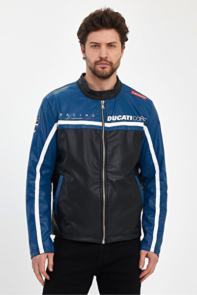 Black Level سترة بومبر للرجال مطبوعة - معطف سباق بسحاب مزين بالجلد