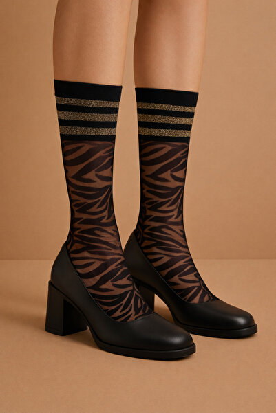 Katia&Bony Zebra Patterned Women's Thin Socks, Black/Silver