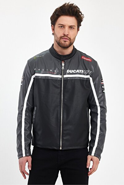 Black Level سترة بومبر للرجال مطبوعة - معطف سباق بسحاب مزين بالجلد