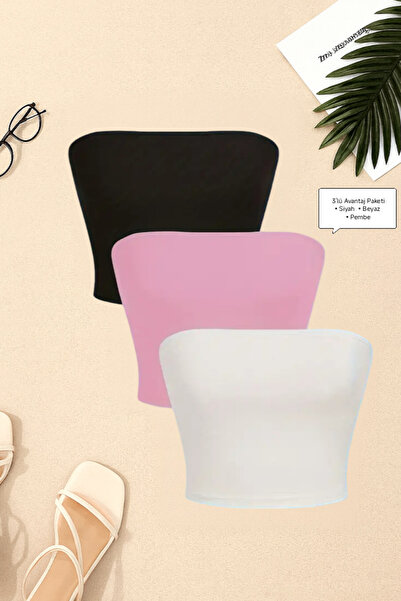 Olyssia 3 قطع من البلوزات القصيرة بدون حمالات – قماش سوبريم / بلوزة أساسية مرنة وأنيقة