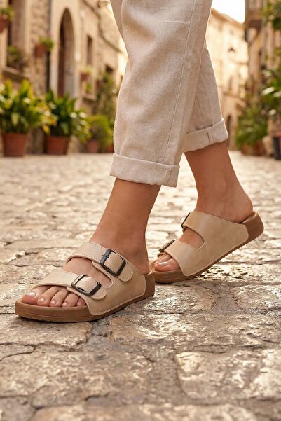 GEZER Papuci de vară pentru femei, din piele artificială, cu două curele, cu ...