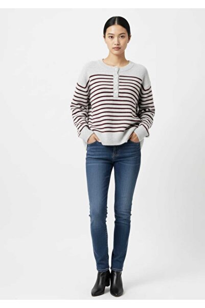 kikirik سترة تريكو ناعمة بأزرار مخططة قصة فضفاضة للسيدات