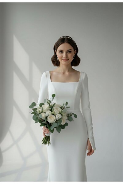 ENDAMIM Φόρεμα γάμου και αρραβώνων με τετράγωνο λαιμόκοψη και μανίκια ψαροκόμ...