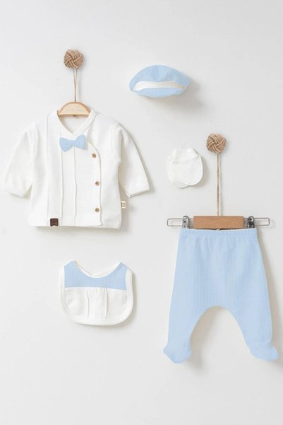 Cherub Baby Newborn Baby Boy 5-Piece Hospital Discharge Bodysuit Set with Ribbed Bow Tie Cap