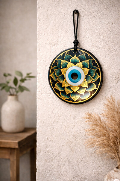 ADAMODART Lotus Nazar Boncuğu Gold Detaylı Cam Duvar Süsü - Nazarlık