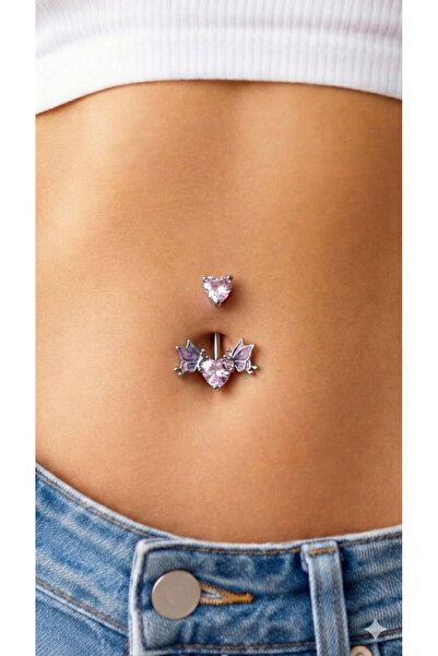 Osha Aksesuar Kanatlı Pembe Kalp Göbek Piercing