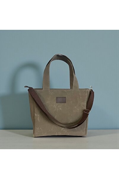 Nuggita Askılı Omuz Çantası - Vizon Rengi Mumlu Kanvas Dikey SatchelBag