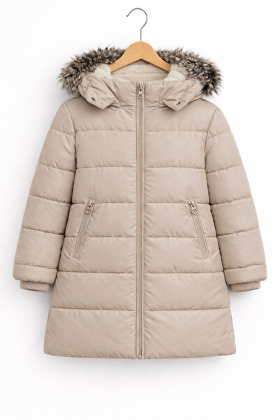 REGOS Kız Çocuk Krem Şişme Mont Kapüşonlu Kürklü Kışlık Uzun Model