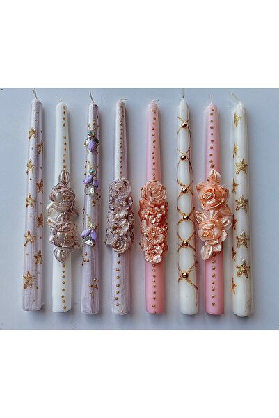 inrobert Pastel Gold Çiçek Detaylı El Yapımı Dekoratif Şamdan Mum Seti