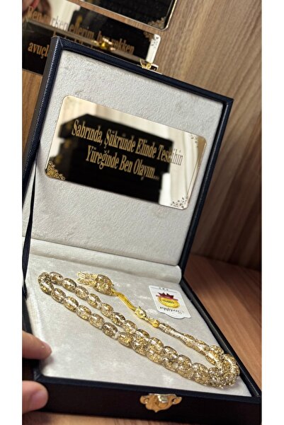 TESBİH-i DiYAR Kişiye özel püskül,kutu yazılı altın parçacıklı Tesbih