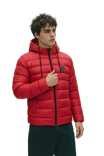 D1fference Erkek Kırmızı Astarlı Rüzgar Geçirmez Kapüşonlu Şişme Mont