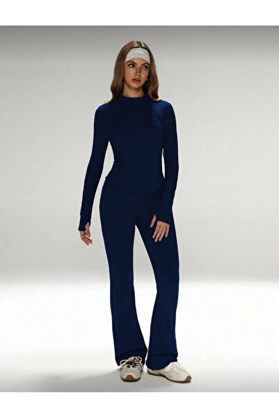 LUVIENNA طقم ملابس ضيقة باللون الأزرق الداكن - بجزء علوي بسحاب وخصر مرتفع واس...