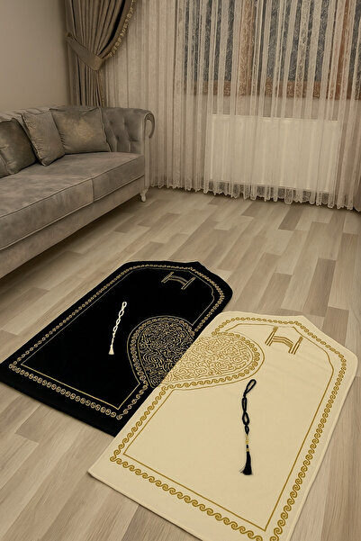 NAKIŞHAN Kadife Özel Nakışlı Kalpli 2'li Seccade-Siyah/Krem