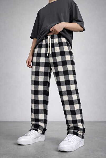 Lawina Giyim Unisex Ekose Siyah Beyaz Kareli Kalın Kışlık Pijama Eşofman