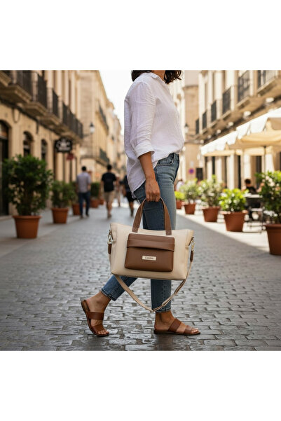 Caterina Collection Kanvas Deri Cep Detaylı Crude El ve Omuz Çantası