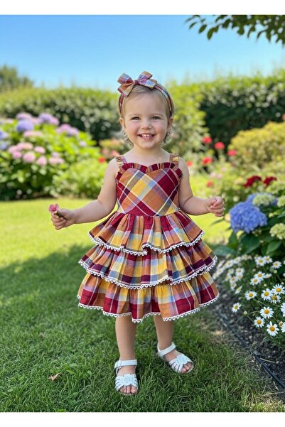 Dilek Bayramlık Kız Ekose Detaylı Kabarık Elbise