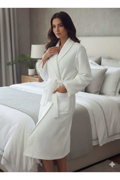 Lohussa Women's Ecru Jacquard Quilted Shawl Collar Winter Special Design Full Length Dressing Gown