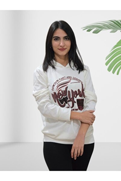 YusGos نيويورك مطبوع بغطاء رأس سويت شيرت (أبيض-أحمر)