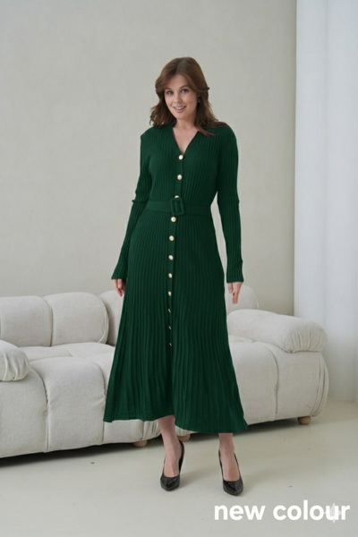 Park Karon Women's V-Neck Full Button Closure Belt Detail Maxi Length Corded Fabric Knitwear Dress