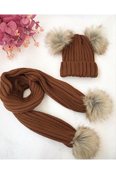 ŞAPKAKİDS TABA NATUREL ÇİFT PONPON TRİKO ATKI BERE SET