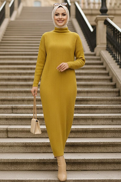 Neva Style Turtleneck Mustard Hijab Knitwear Dress 34150HR