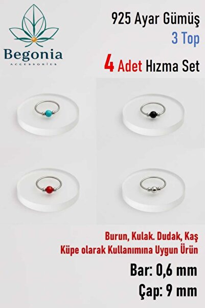 Begonia Accessories 925 Ayar Gümüş 3 Top Boncuklu 4 Adet Halka Hızma Küpe Pie...