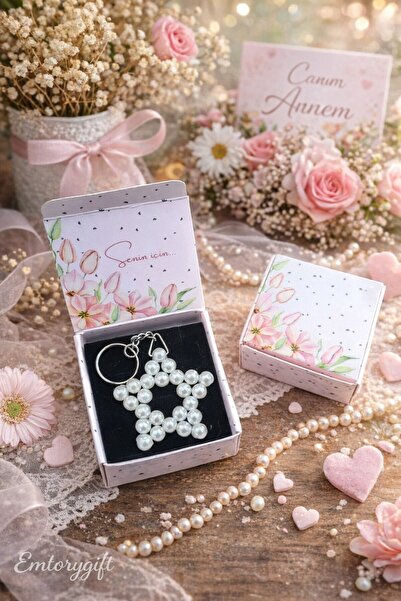 Emtory Home Çiçekli Pembe Kutulu Hediyelik İnci Anahtarlık - Kadınlar Günü - ...